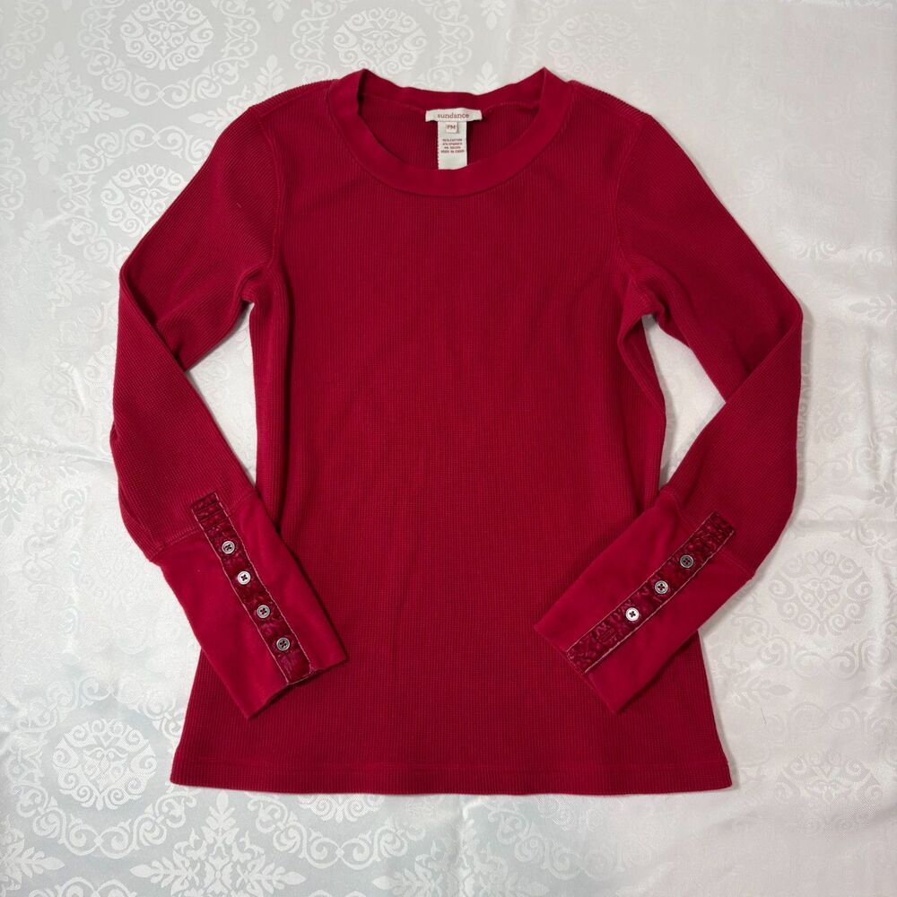 Sundance Top Red Waffle Knit Long Sleeve Velvet Buttons Cozy Lounge Casual PM